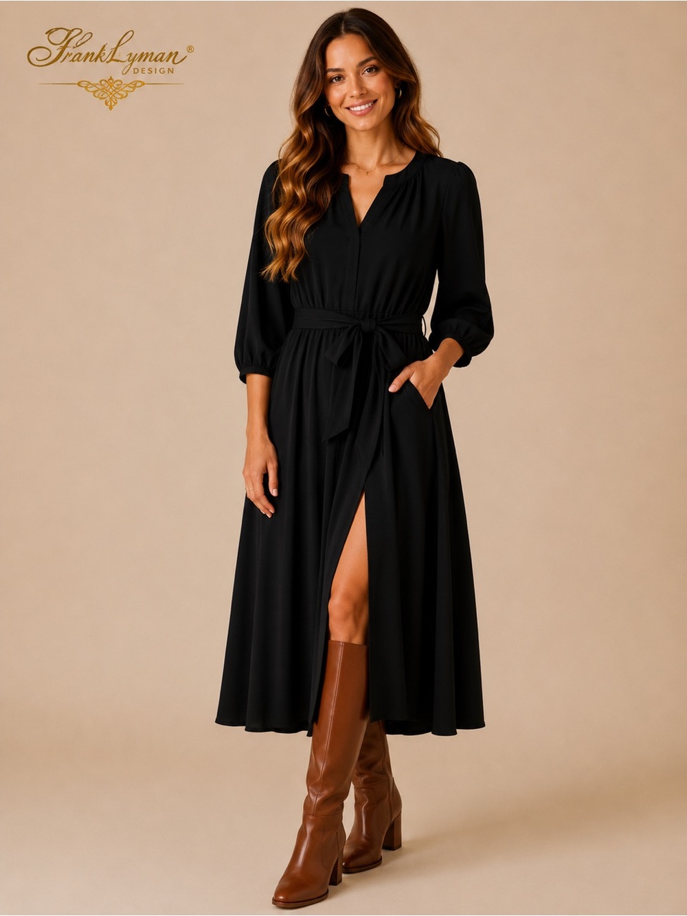 Shoshanna Black Midi Dress with Puff Sleeves NWOT